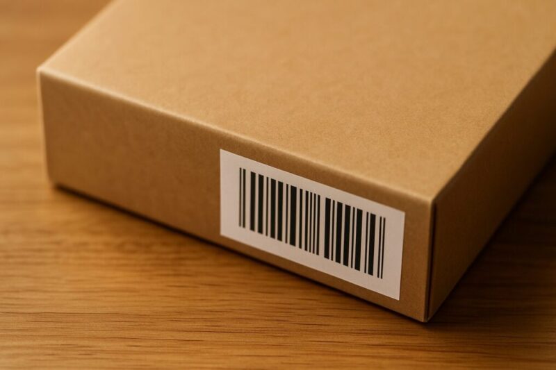バーコードが印刷された無地パッケージのクローズアップイメージ