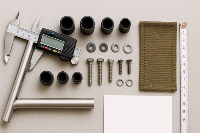 パイプ外径の計測と脚キャップ・ボルト・張替え布など交換部品の見分け方を示すトップダウン写真