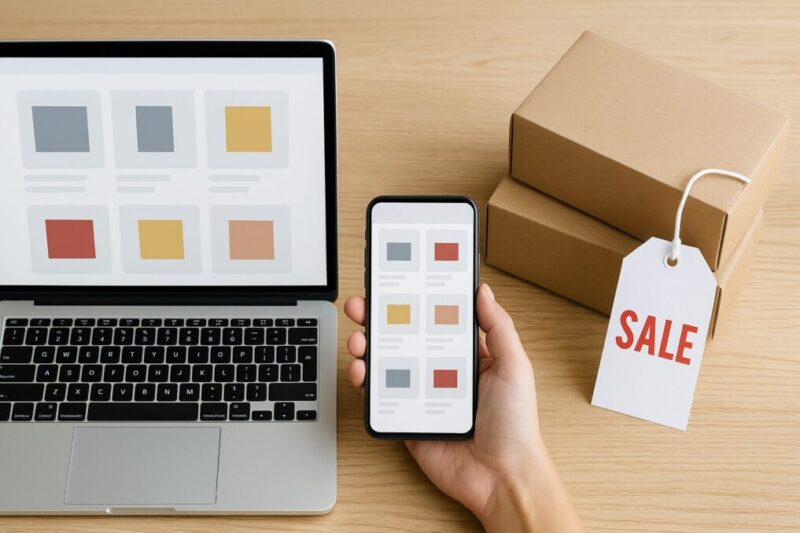 パソコンとスマートフォンで商品一覧を見比べ、横に荷物箱が置かれた、オンライン購入比較のイメージ写真。