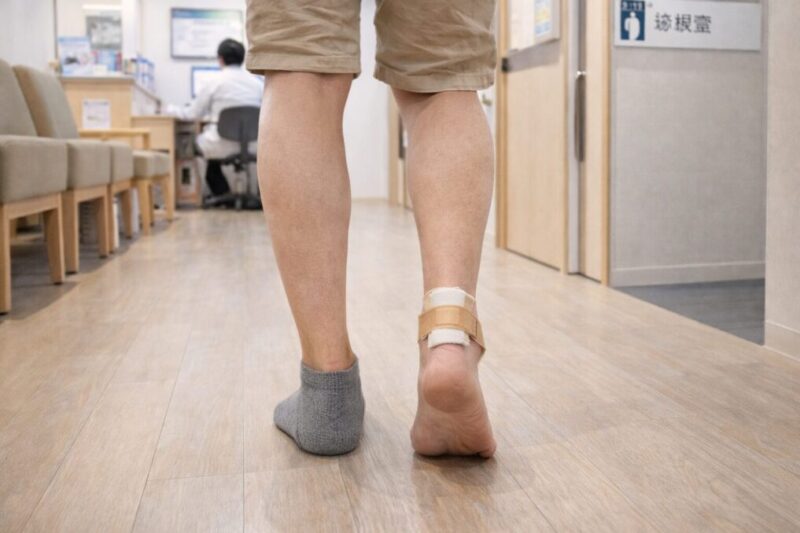 パッドやサポーターを使って足首まわりの負担を減らしながら歩いている様子