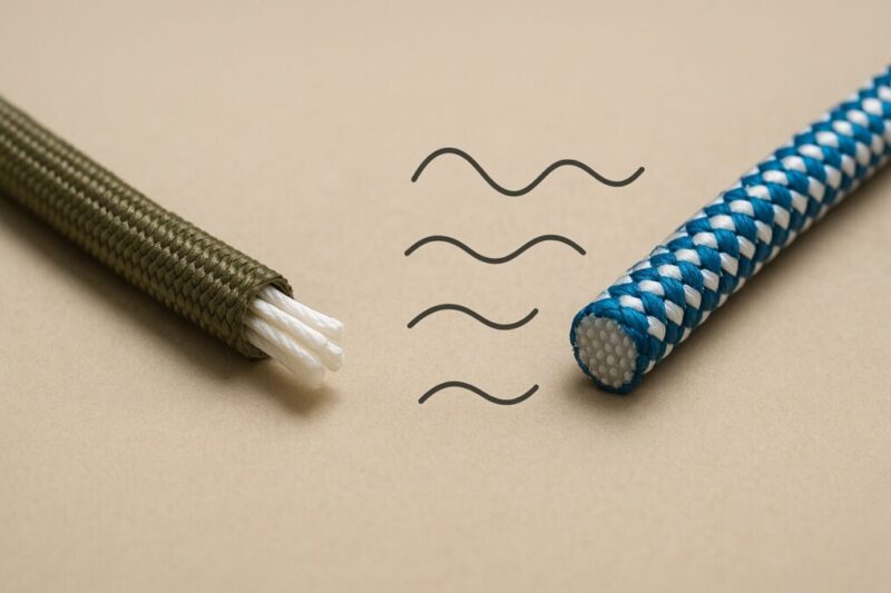 パラコード（芯入り）とガイロープ（編組）の断面を並べ、波線で“伸び”を抽象的に示した比較写真。