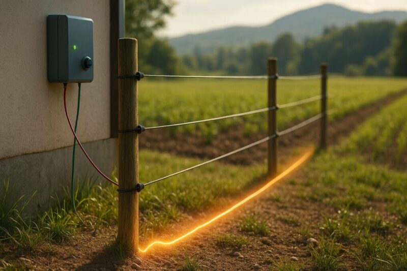 パワーユニットから柵線とアース棒へコードが伸びる電気柵の基本構造を示した日本の畑のイメージ写真。