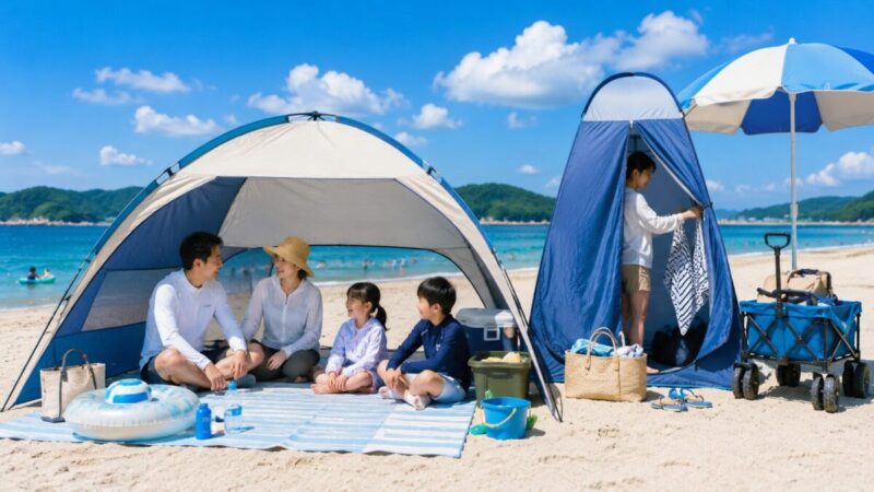 ビーチテントで日よけ休憩と着替えスペースを分けて使う海水浴シーン