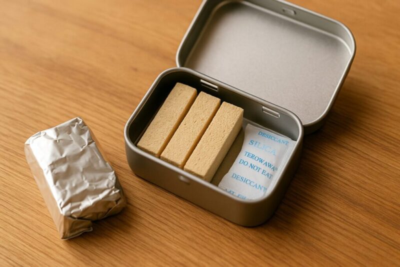 ファイヤーライターズを乾燥剤と一緒に密閉ケースへ入れて湿気を防ぐ収納イメージ。