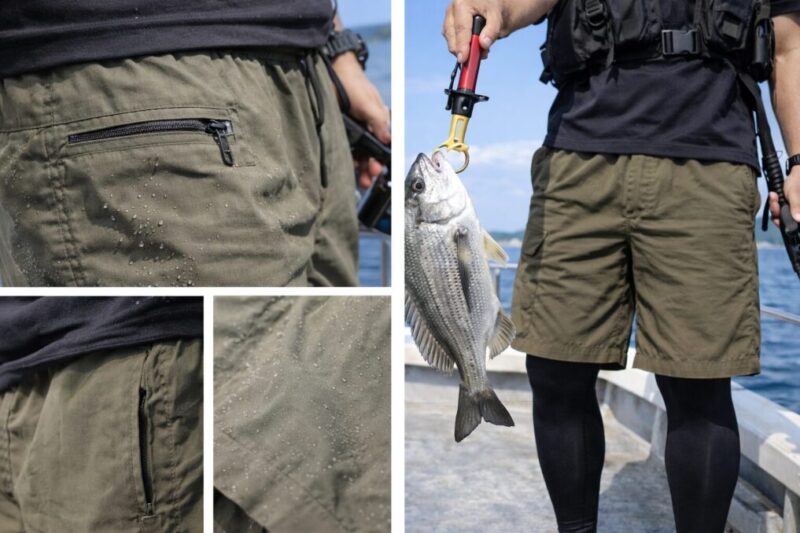 ファスナー付きポケットやコード付きウエスト、水をはじく生地の質感を見比べられるパンツの機能イメージ