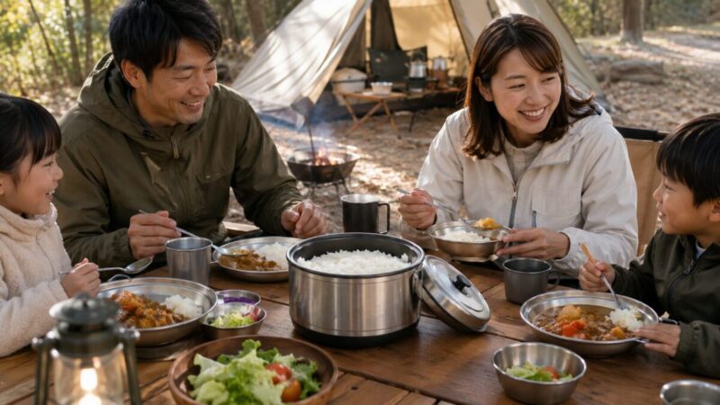 ファミリーキャンプで5合炊きサイズのライスクッカーと人数分の食事を囲むイメージ