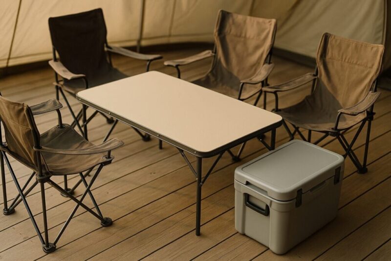 ファミリーキャンプの基本セット──テーブル120×60、4脚チェア、クーラーを並べた快適レイアウト例。