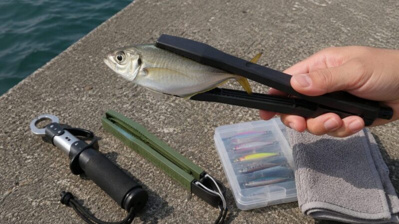 フィッシュトングで小型魚の魚体を挟み、魚つかみ道具を使い分ける様子