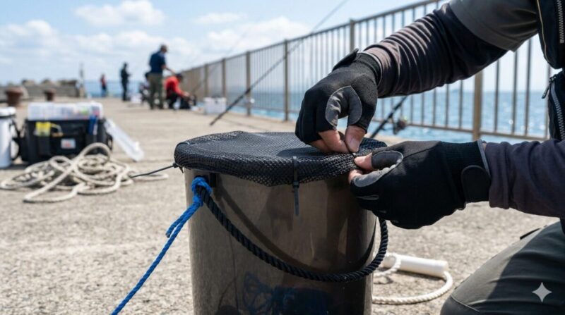 100均バケツを改造する釣り人の手元。