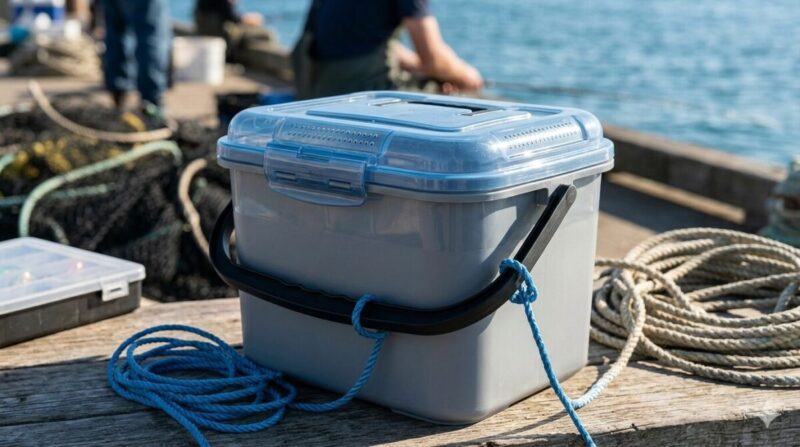 フタ付き水汲みバケツを使う釣り人。