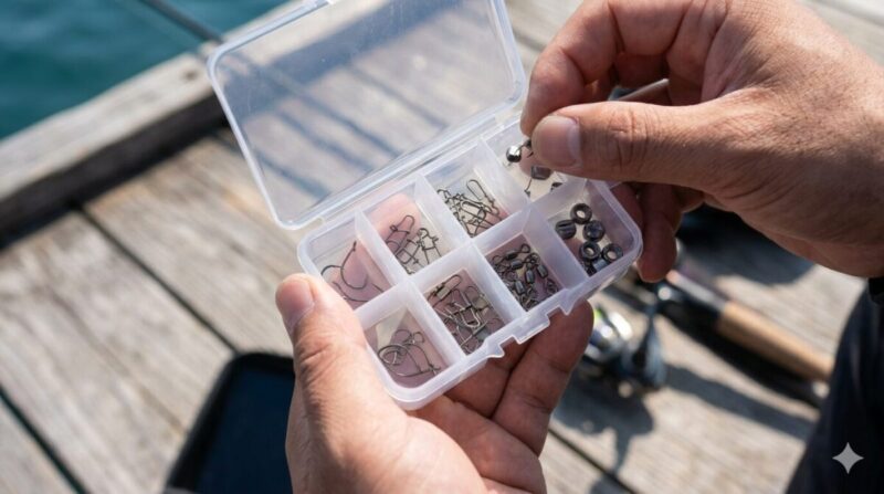 フックやスナップが整理された小物ケースの手元