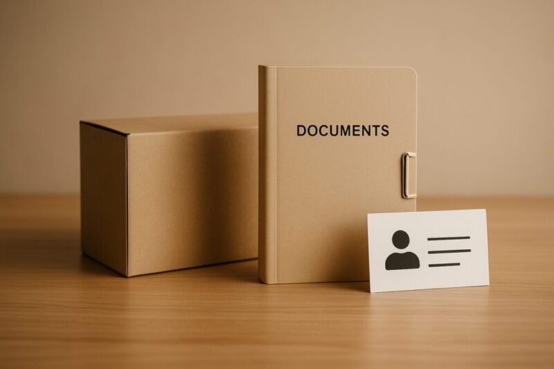ブランドの実体確認を連想させる、書類フォルダと無地箱、連絡カード風アイコンを並べた静物写真。