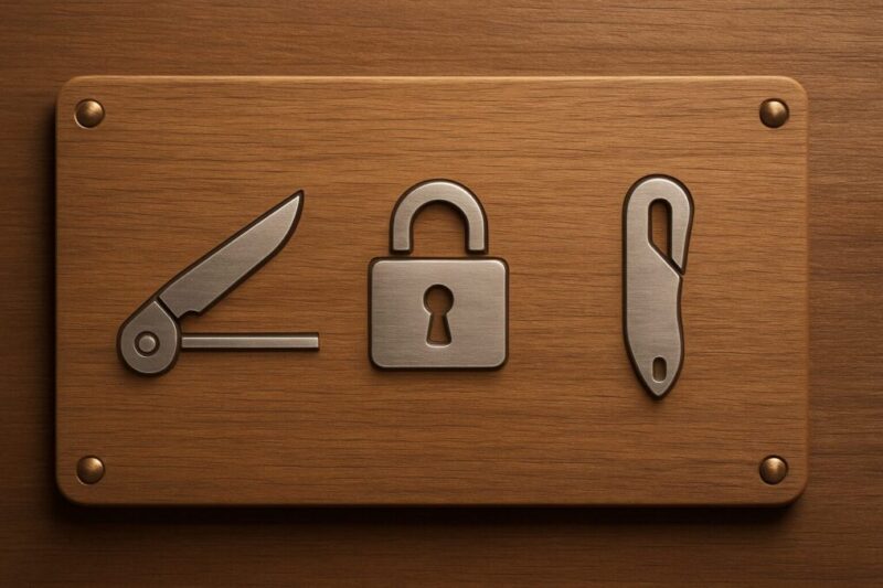 ブレード長・ロック機構・ポケットクリップ形状の3つのピクトを並べ、購入前チェック項目を示す静物イメージ