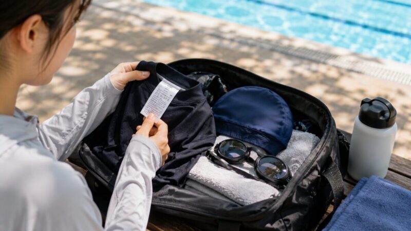 プールで使う前にラッシュガードの素材表示を確認する様子