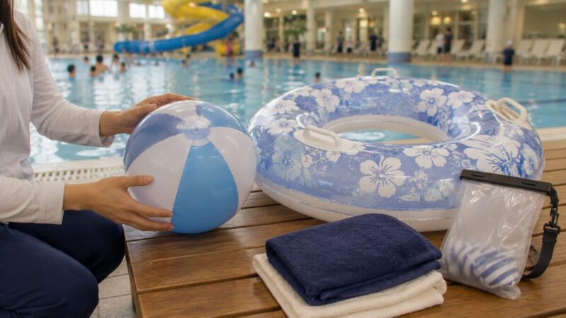 プールで使う小さめのビーチボールと浮き輪を確認するイメージ