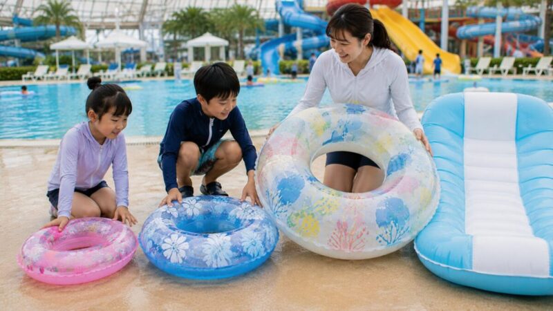 プールで使う浮き輪のサイズを比較して持ち込み準備をするイメージ
