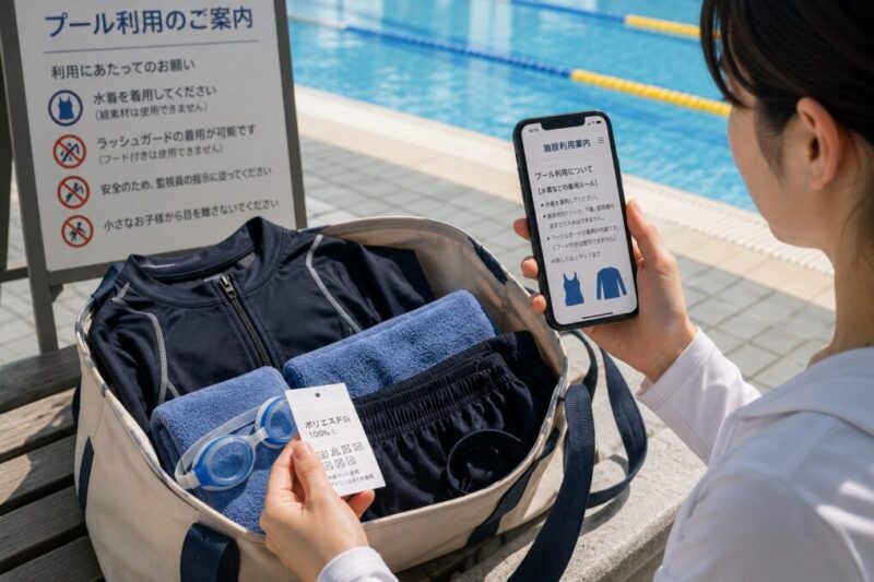 プールで着られる服か施設ルールと素材表示を確認するイメージ