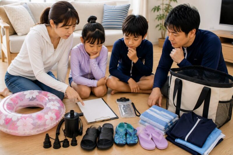 プールへ行く前に浮き輪や電動ポンプの持ち込み準備を確認するイメージ