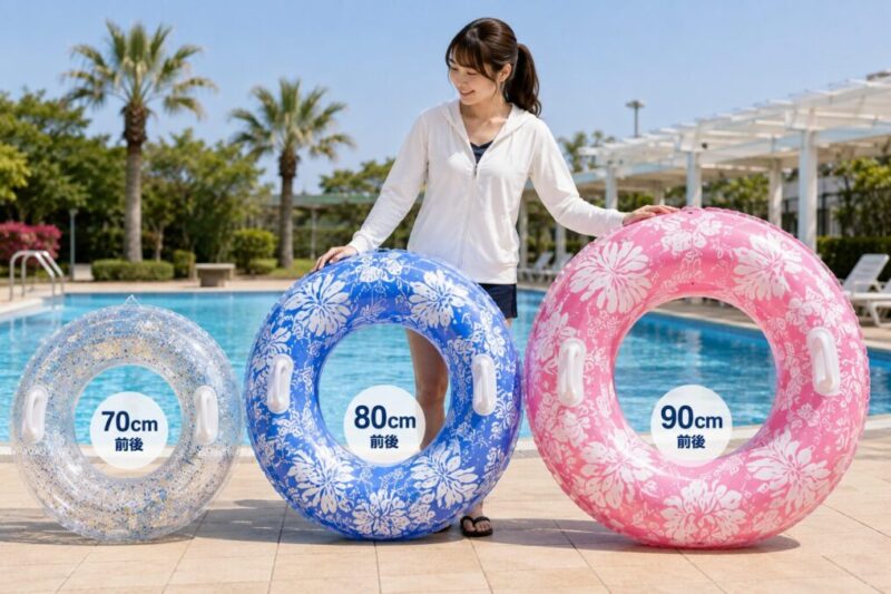 プールサイドで大人向け浮き輪のサイズ感を比較しているイメージ
