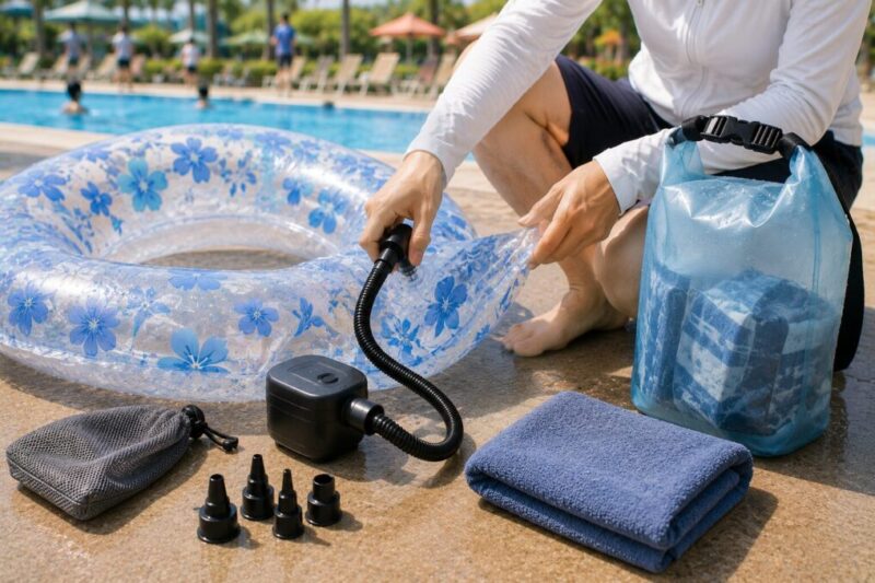 プール帰りに浮き輪の空気を抜いて防水バッグへ片付けるイメージ