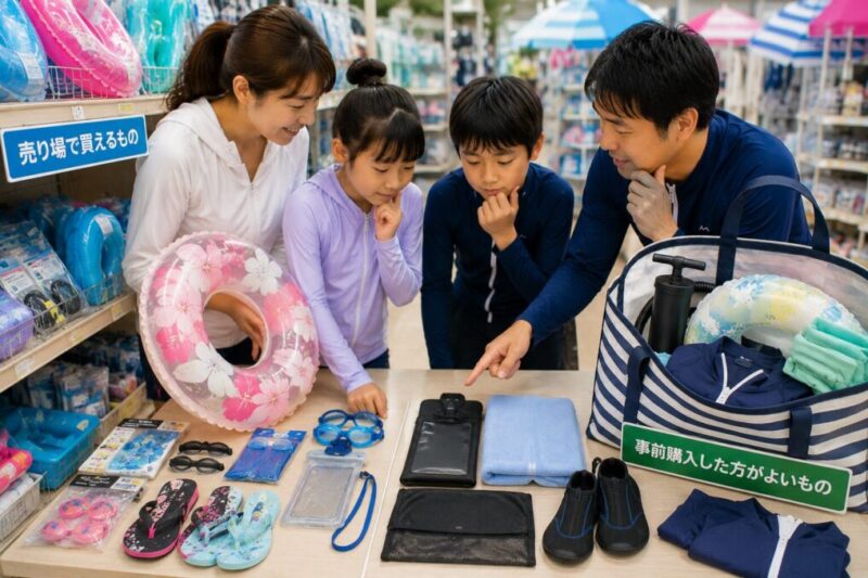 プール用品を現地購入するものと事前準備するものに分けるイメージ