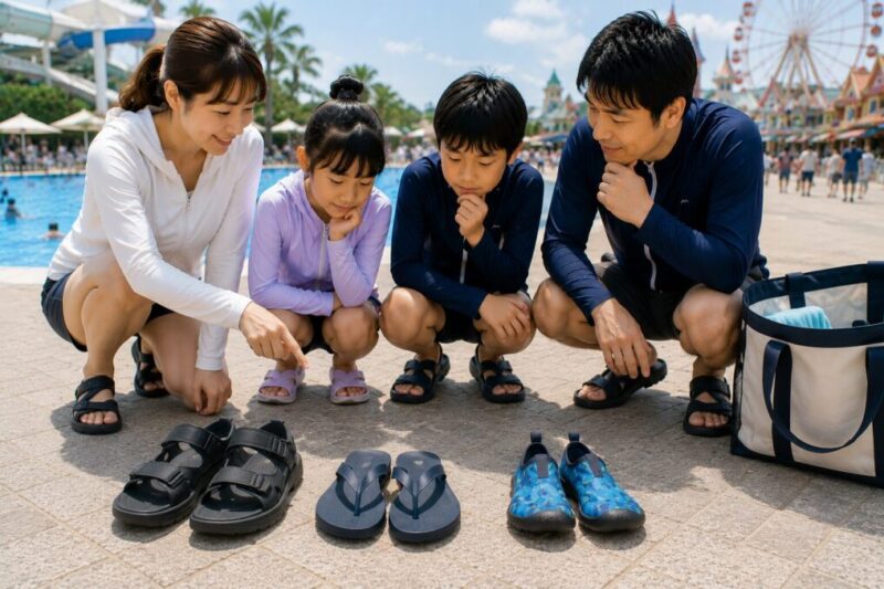 プール移動と遊園地利用に向いたサンダルを比較するイメージ