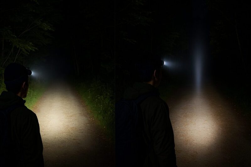 ヘッドライトの配光を比較する夜道の二分割写真