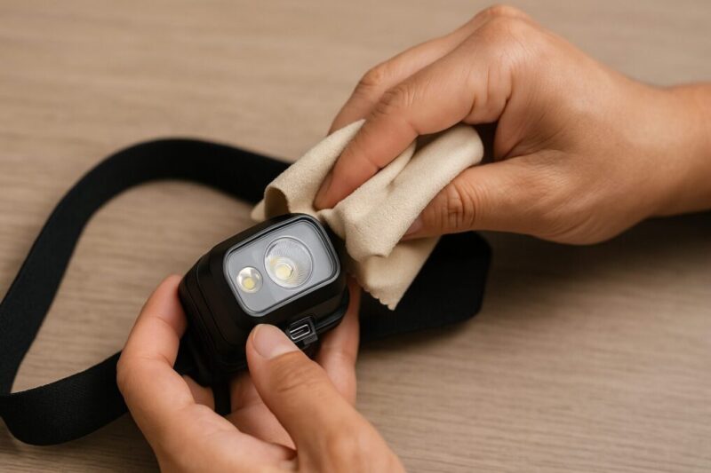 ヘッドライトを布で拭きながらUSB-C端子を確認する日本人の手元。メンテナンスと端子チェックの様子