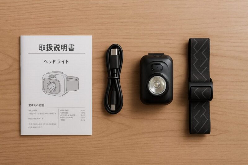 ヘッドライト本体とヘッドバンド、USB-Cケーブル、説明書を整然と並べた俯瞰構図
