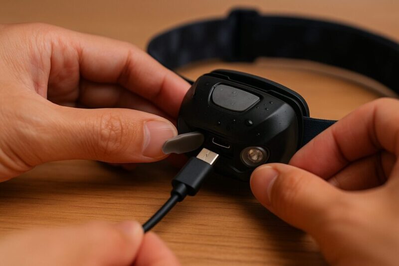 ヘッドランプのUSBポートにケーブルを接続する手元。USB充電の基本手順を示すクローズアップ。