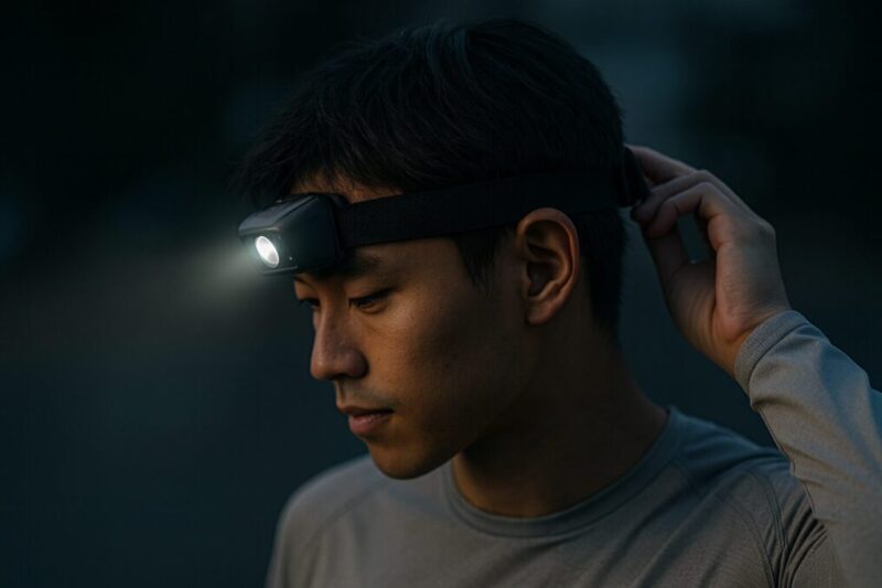 ヘッドランプのバンドを微調整する日本人男性の横顔とやわらかな光。