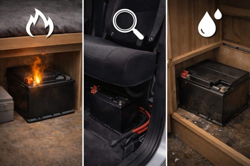 ベッド下やシート下、収納スペースに置いたサブバッテリーの注意点を示すイメージ