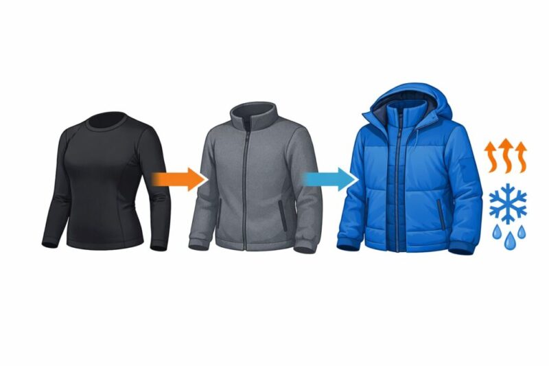 ベースレイヤーと中間着とアウターの基本を示す防寒図解
