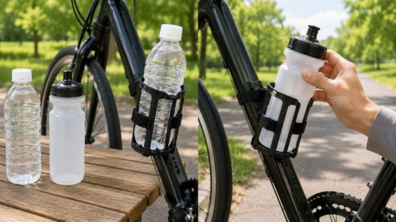 ペットボトルと自転車用ドリンクボトルを自転車のホルダーに入れて使い勝手を比較する様子