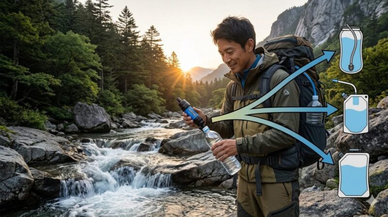 ペットボトルやパウチなど多様な接続方法に対応できるコンパクトな携帯浄水器を使い、水を確保している様子。