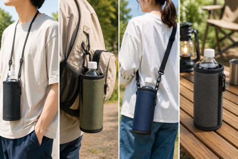 ペットボトルホルダーの首掛け吊り下げ肩掛けケース型の使い方比較