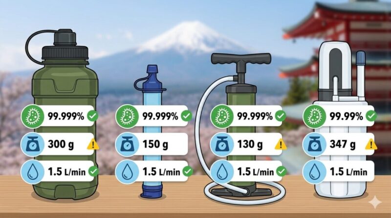 ボトル型やストロー型など4つの携帯浄水器の性能（除去率、重量、流量）を比較したグラフィック図。