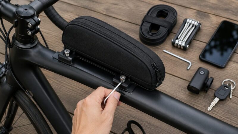 ボルトオン式トップチューブバッグを自転車に固定する手元のイメージ