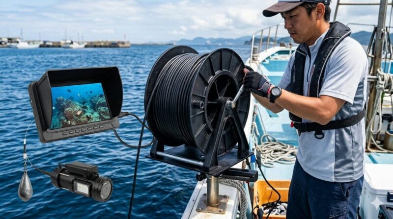 ボート上の100mケーブル水中カメラ装備。