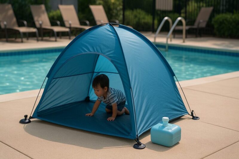 ポップアップとプールテントの安全固定レイアウト。