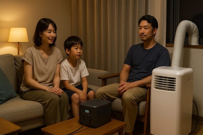 ポータブル電源がテーブル上に置かれ、移動式エアコンへ給電。排熱ダクトは窓パネルに確実接続、6〜8畳の現実的な“安心運用”イメージ