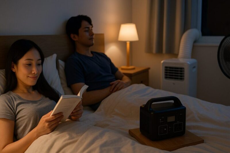 ポータブル電源で移動式エアコンを短時間運転し、就寝前のプレクーリングをしているイメージ