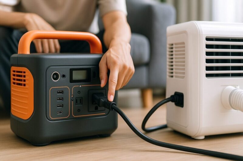 ポータブル電源のACポートへプラグを挿す瞬間をクローズアップイメージ