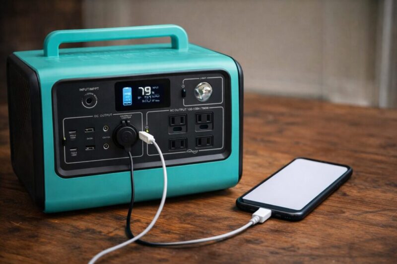 ポータブル電源のそばにスマホを置き、連携や操作方法を確認しているイメージ