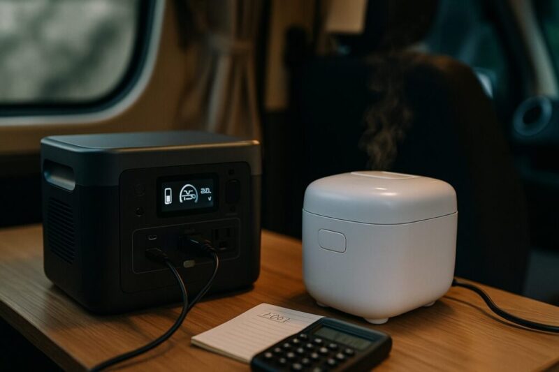 ポータブル電源の残量を確認しながらミニ炊飯器で炊飯回数を検証しているイメージ。