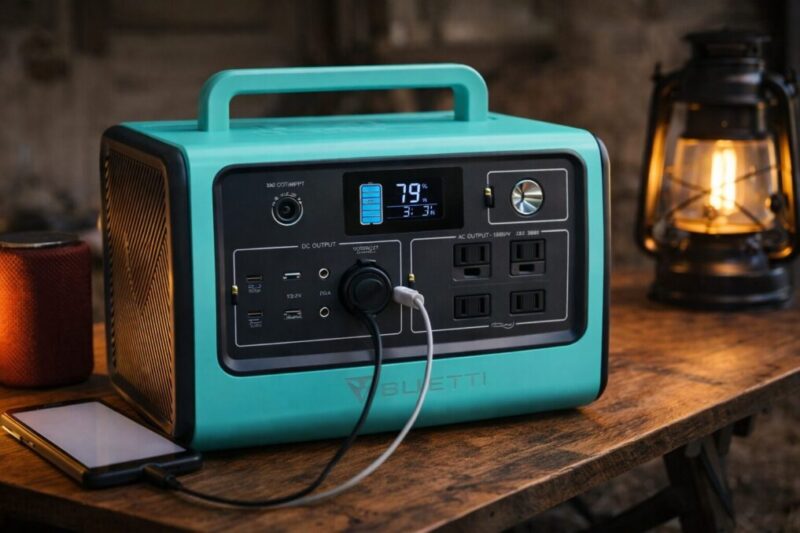 ポータブル電源本体とスマホ・ランタンなどを並べて容量と出力の目安をイメージできる写真