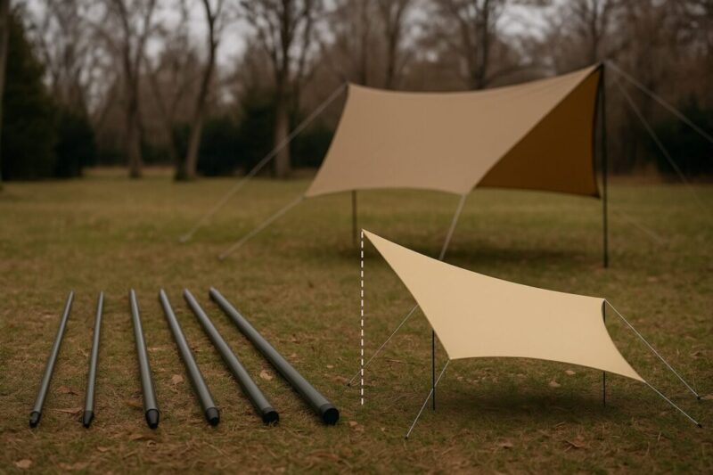 ポール長ごとに変わる張り角と居住性を示すイメージ（130150160200220cm相当の比較）。