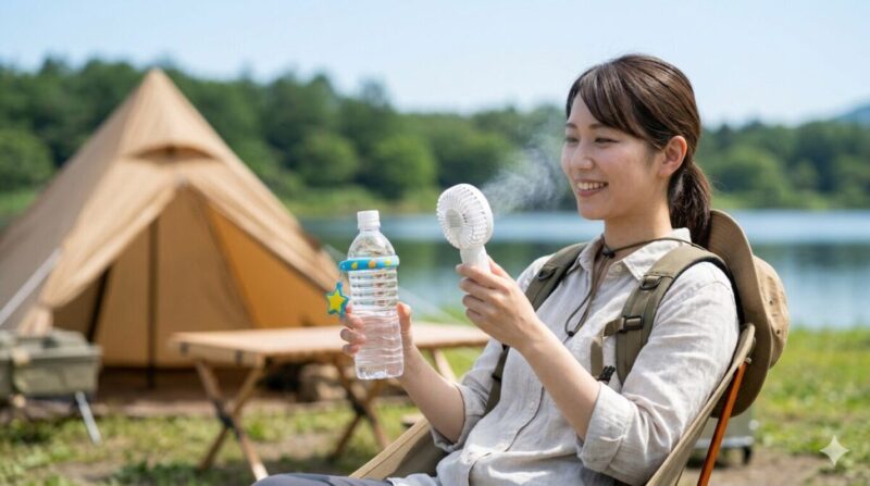 ミストファンとペットボトルを持って涼む女性