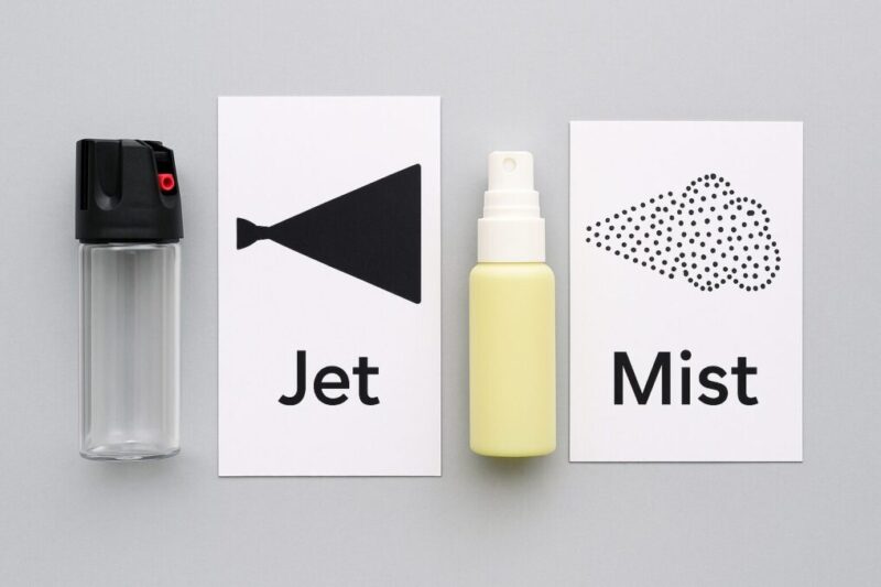 ミスト噴射とジェット噴射で自分へのかかり方が違うことを示した比較図。