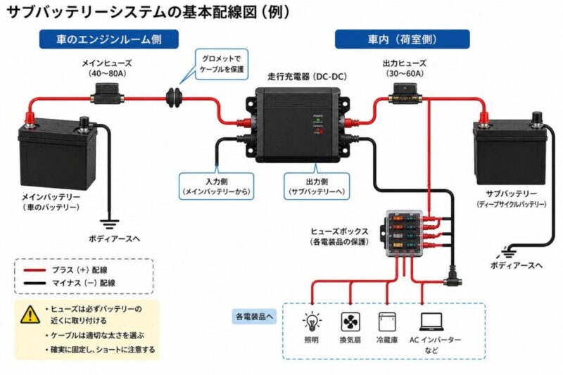 メインバッテリーから走行充電器を経由してサブバッテリーへ接続する基本配線